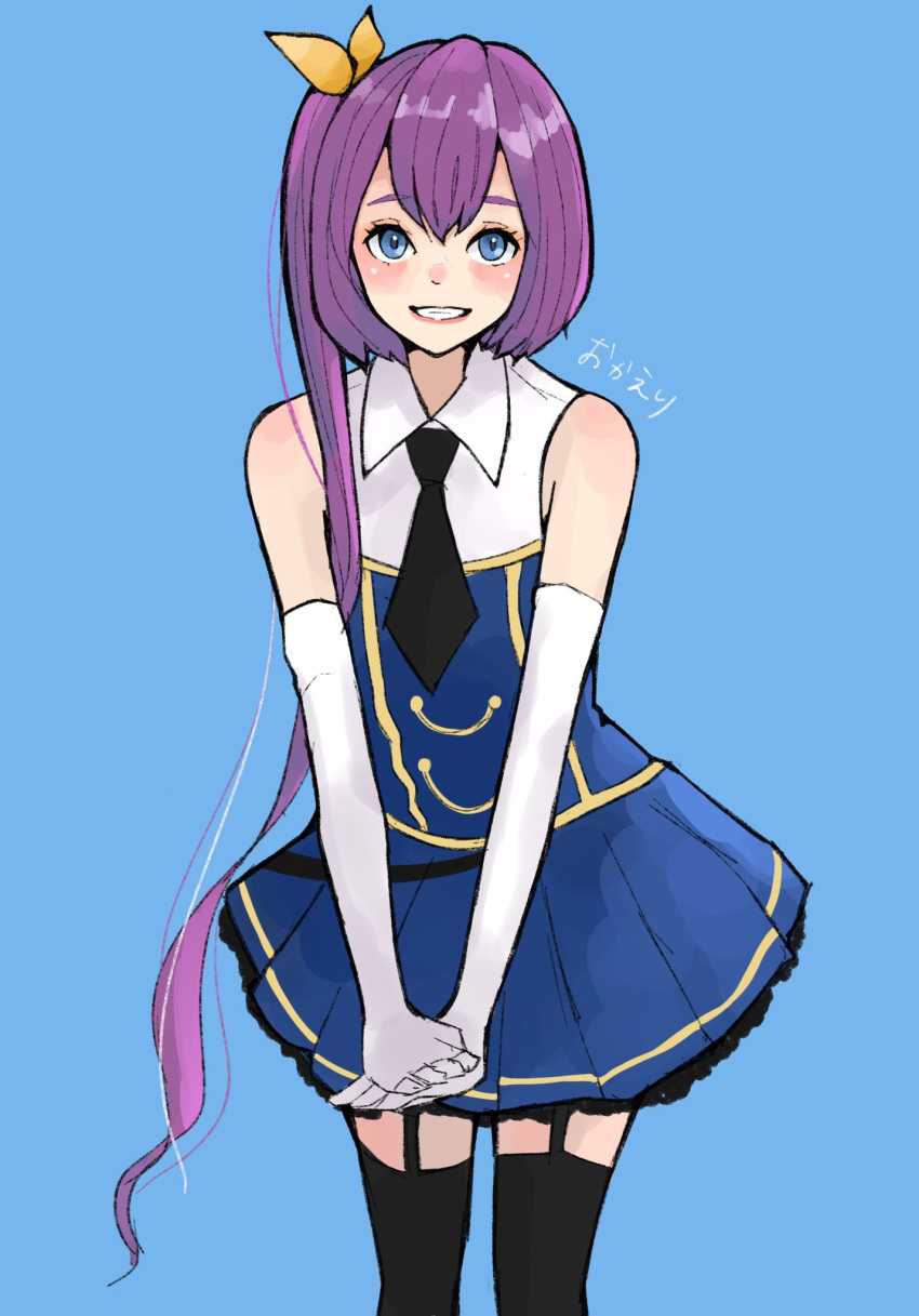 1girl, assault_lily, bangs, bare_shoulders, black_necktie, black_thighhighs, blue_background, blue_eyes