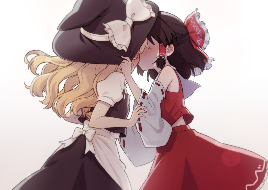 2girls, apron, bare_shoulders, black_hair, black_headwear, black_skirt, black_vest, blonde_hair