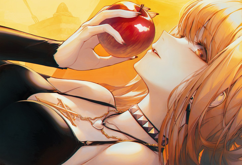 1girl, amane_misa, apple, bangs, bare_shoulders, black_choker, black_dress, blonde_hair