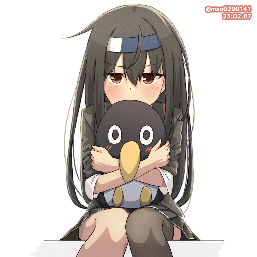 asymmetrical_legwear, bird, black_hair, blazer, blue_headband, blush, failure_penguin, hatsushimo_(kancolle), hatsushimo_kai_ni_(kancolle), headband, jacket, kantai_collection, kneehighs, long_hair, looking_at_viewer, low-tied_long_hair, m.a.o, penguin, pleated_skirt, red_eyes, school_uniform, single_kneehigh, single_sock, single_thighhigh, sitting, skirt, socks, stuffed_animal, stuffed_penguin, stuffed_toy, thigh-highs, twitter_username, uneven_legwear