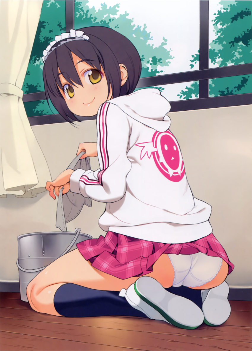 absurdres, ass, back, black_hair, blush, brown_hair, bucket, dustcloth, from_behind, highres, hoodie, jacket, kneehighs, kneeling, legs, long_sleeves, looking_back, maid, maid_headdress, nora_higuma, original, panties, pantyshot, pantyshot_sitting, red_skirt, short_hair, sitting, skirt, skirt_caught, smile, socks, solo, tartan_skirt, underwear, white_panties, window, yellow_eyes
