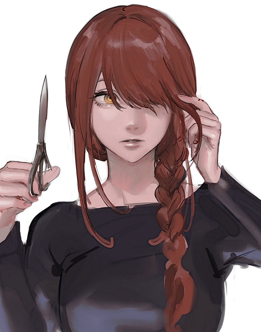 1girl, bangs, black_dress, braid, chainsaw_man, dress, hair_focus, hair_over_one_eye