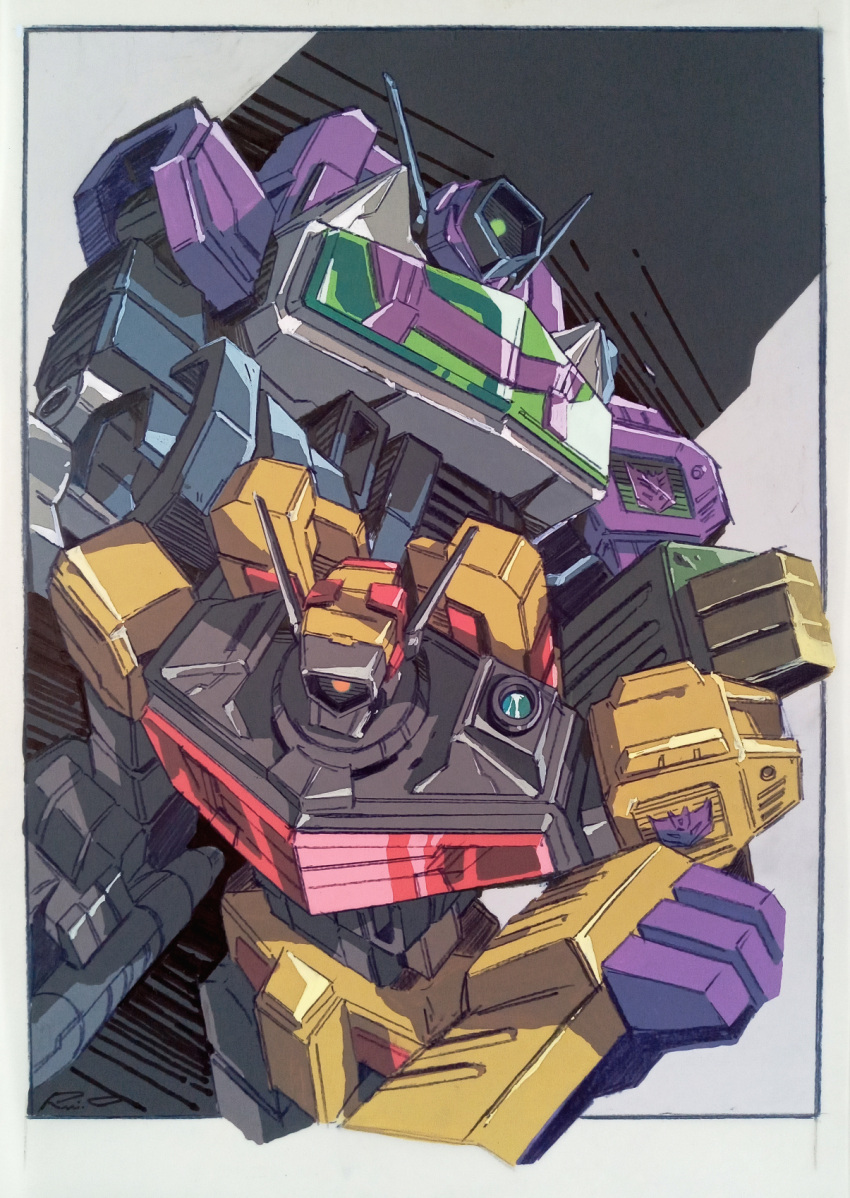 brothers, commentary, commentary_request, decepticon, green_eyes, grey_background, highres, marble-v