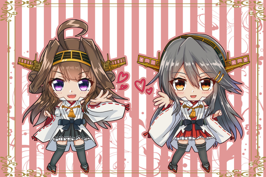 2girls, ahoge, black_skirt, boots, brown_eyes, brown_hair, chibi, detached_sleeves