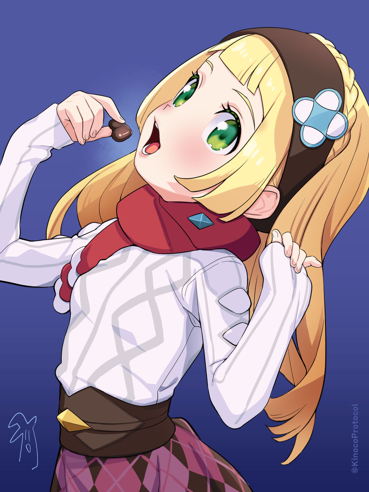 1girl, bangs, bea_(palentine's_2022)_(pokemon), bea_(pokemon), bea_(pokemon)_(cosplay), blonde_hair, blue_background, blunt_bangs