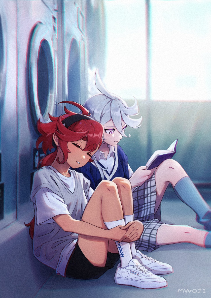 2girls, ahoge, bangs, black_hairband, grey_hair, gundam, gundam_suisei_no_majo, hair_between_eyes