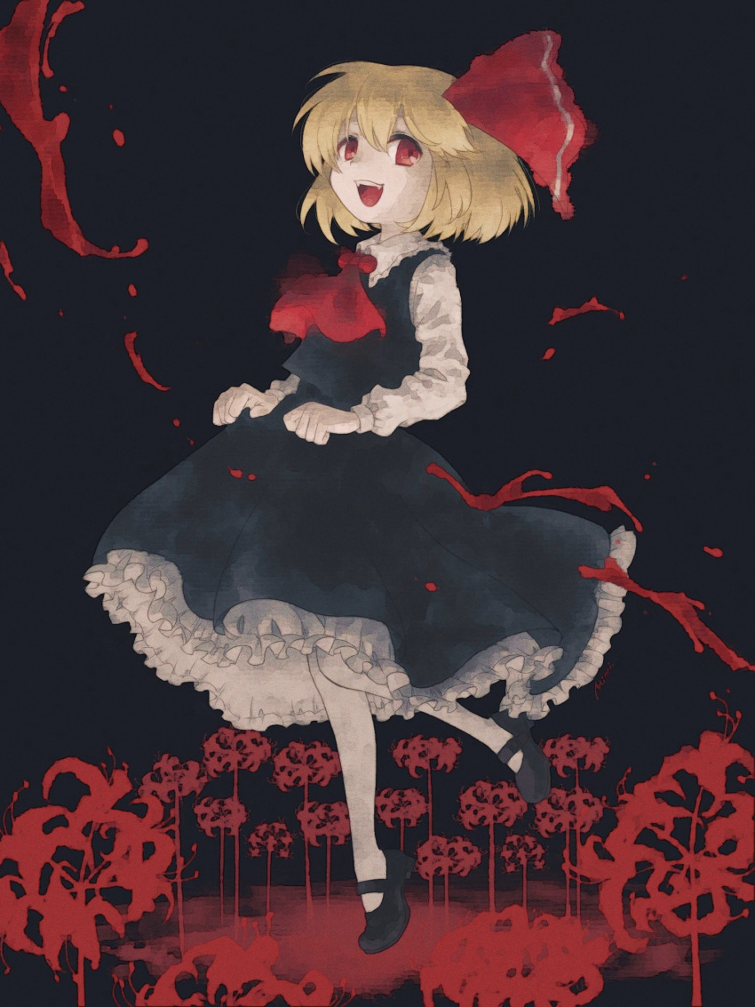 1girl, ascot, bangs, black_background, black_footwear, black_skirt, black_vest, blonde_hair, bow, collared_shirt, flower, frilled_skirt, frills, full_body, hair_between_eyes, hair_bow, highres, long_sleeves, mary_janes, mimi_(ikrptppt), open_mouth, pantyhose, petticoat, red_ascot, red_bow, red_eyes, rumia, shirt, shoes, short_hair, skirt, smile, solo, spider_lily, touhou, vest, white_pantyhose, white_shirt