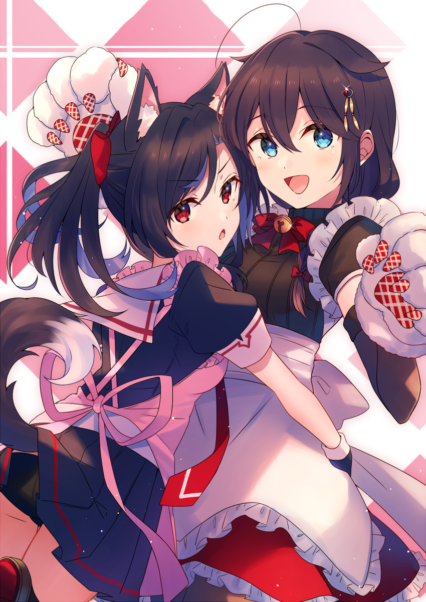 2girls, absurdres, ahoge, animal_ear_fluff, animal_ears, animal_hands, apron, azur_lane
