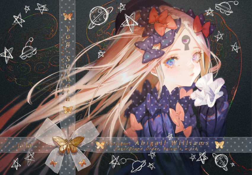 1girl, abigail_williams_(fate), background_text, bangs, black_dress, blonde_hair, blue_eyes, bow