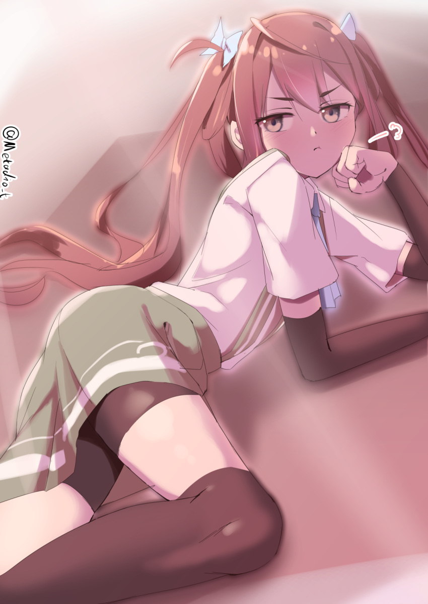 1girl, all_fours, arm_warmers, asagumo_(kancolle), bike_shorts, brown_hair, collared_shirt, dress_shirt, grey_eyes, grey_skirt, hair_ribbon, highres, kantai_collection, long_hair, metadio, one-hour_drawing_challenge, ribbon, shirt, shorts, shorts_under_skirt, skirt, solo, suspender_skirt, suspenders, twintails, twitter_username, white_shirt