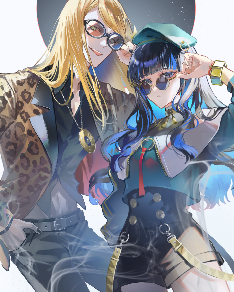 1boy, 1girl, adjusting_eyewear, belt, beret, black_belt, black_hair, black_pants, black_shirt, black_shorts, blonde_hair, blue-tinted_eyewear, blue_eyes, blue_hair, bracelet, brown_jacket, buttons, closed_mouth, collared_shirt, fate/grand_order, fate_(series), glasses, gold, gold_trim, green_eyes, green_headwear, green_jacket, hat, highres, huitzilopochtli_(fate), jacket, jewelry, long_hair, looking_over_eyewear, medallion, night, night_sky, open_mouth, pants, poppoman, red_ribbon, ribbon, shirt, shorts, sky, smile, smoke, star_(sky), sunglasses, teeth, tezcatlipoca_(fate), tinted_eyewear, uvula, white_background, yellow_belt