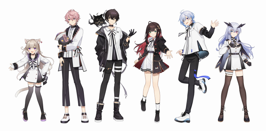 3boys, 3girls, :d, absurdres, ahoge, animal_ear_fluff, animal_ears, ankle_boots, ankle_ribbon, aruse_inu, bangs, beckoning, belt, belt_chain, belt_collar, black_belt, black_cape, black_footwear, black_gloves, black_jacket, black_pants, black_thighhighs, blue_eyes, blue_hair, boots, bow, brown_thighhighs, cape, cat_ears, cat_girl, center_opening, chain_earrings, clenched_hand, collar, collared_dress, collared_shirt, colored_inner_hair, crossed_bangs, dress, dress_shirt, earclip, earrings, fingerless_gloves, full_body, gloves, green_eyes, hair_between_eyes, hair_ornament, hairclip, half_gloves, hand_on_hip, hand_on_own_chest, heterochromia, highres, hizuki_yui, holding, holding_stuffed_toy, hood, hood_down, jacket, jewelry, layered_sleeves, leg_ribbon, legs_apart, legwear_garter, light_blue_hair, light_brown_hair, long_hair, long_sleeves, looking_at_viewer, minase_(neo-porte), mole, mole_under_eye, multicolored_hair, multiple_boys, multiple_girls, nayuta_(neo-porte), neck_ribbon, neo-porte, off_shoulder, pants, pink_eyes, pink_hair, redhead, ribbon, sailor_dress, shirt, shoes, short_hair, short_over_long_sleeves, short_sleeves, simple_background, single_earring, sleeves_past_wrists, smile, socks, standing, standing_on_one_leg, streaked_hair, stuffed_toy, tassel, tassel_earrings, tentei_forte, thigh-highs, thigh_belt, thigh_strap, violet_eyes, virtual_youtuber, white_background, white_bow, white_dress, white_footwear, white_gloves, white_hair, white_jacket, white_ribbon, white_shirt, white_socks, yellow_eyes, ymrxx_(kamihurai), yozuna_niu