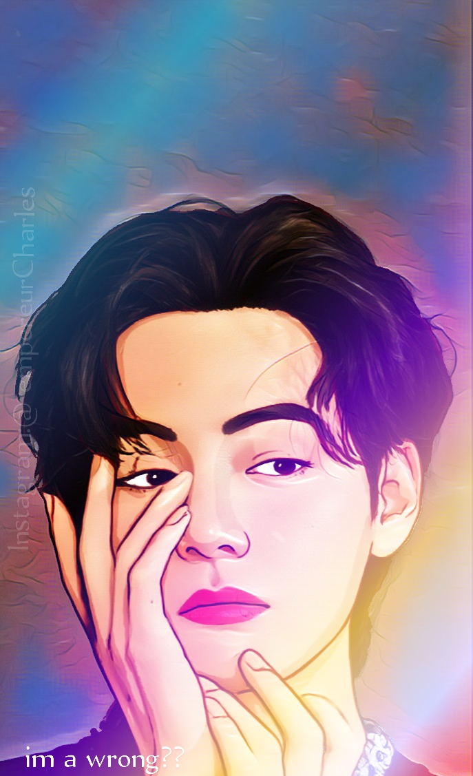 1boy, bangtan_boys, black_eyes, black_hair, closed_mouth, english_text, engrish_text, hand_on_own_cheek, hand_on_own_face, hands_up, instagram_username, lips, lipstick, looking_to_the_side, makeup, male_focus, ngalima, non-web_source, pink_lips, portrait, ranguage, self-upload, short_hair, solo, v_(bts), watermark