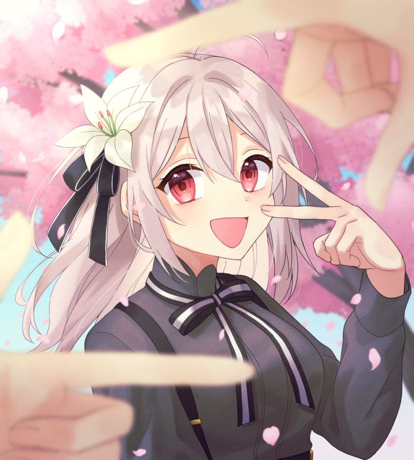 2girls, ahoge, bangs, black_ribbon, blurry, blurry_background, bow, bowtie, cherry_blossoms, flower, grey_hair, grey_shirt, hair_between_eyes, hair_flower, hair_ornament, hair_over_one_eye, hair_ribbon, highres, lily_(flower), long_hair, long_sleeves, looking_at_viewer, monika_(spy_kyoushitsu), multiple_girls, outdoors, pov, red_eyes, ribbon, shirt, single_horizontal_stripe, skirt, sky, smile, solo_focus, spy_kyoushitsu, suspender_skirt, suspenders, tree, two-tone_ribbon, upper_body, v, white_ribbon, yume_(bp25mt)