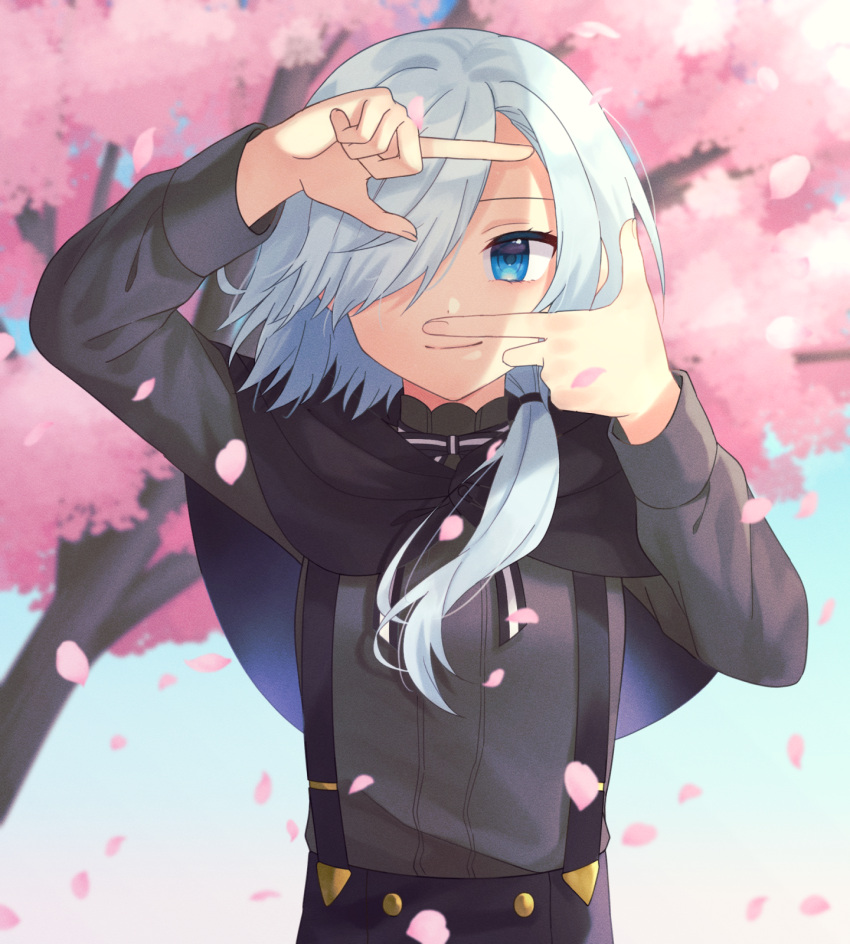 1girl, bangs, black_capelet, black_skirt, blue_eyes, blue_hair, capelet, cherry_blossoms