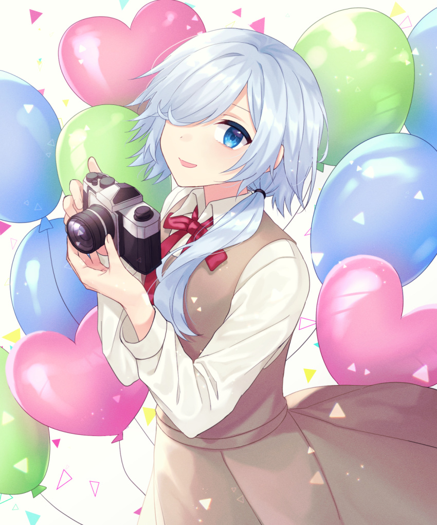 1girl, balloon, bangs, blue_eyes, blue_hair, bow, bowtie, breasts