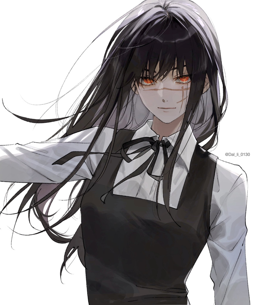 1girl, bangs, black_dress, black_hair, black_ribbon, chainsaw_man, closed_mouth, collared_shirt