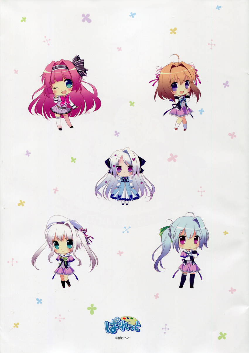 5girls, :d, :|, absurdres, ahoge, asaba_konami, bangs, blue_eyes, blue_hair, blush, brown_hair, chibi, closed_mouth, company_name, dress, eco, floral_background, floral_print, hair_ornament, hair_ribbon, hands_on_own_cheeks, hands_on_own_chest, hands_on_own_face, hat, highres, ichinose_mio_(koi_ga_saku_koro_sakura_doki), jinpou_anne, koi_ga_saku_koro_sakura_doki, long_hair, multiple_girls, one_eye_closed, palette_(company), redhead, ribbon, sailor_collar, sailor_hat, school_uniform, short_hair, side_ponytail, smile, socks, standing, thigh-highs, tina_(koi_ga_saku_koro_sakura_doki), tsukishima_yuuri, violet_eyes, white_hair, white_socks