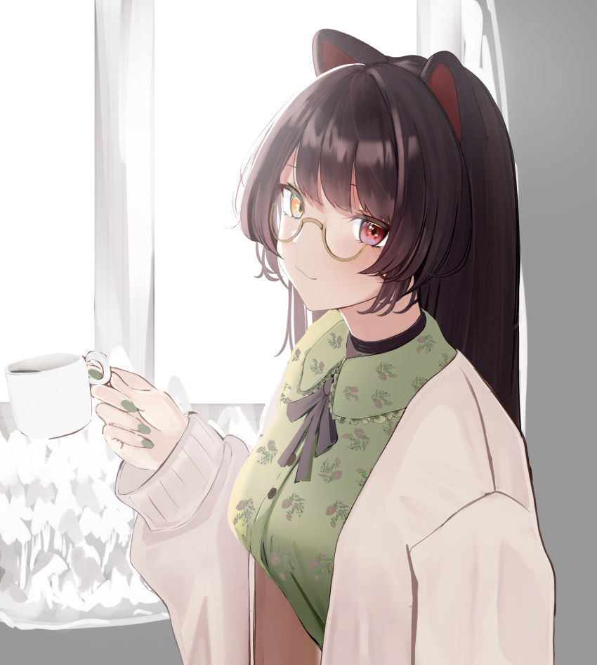 1girl, absurdres, animal_ears, bangs, bespectacled, black_choker, black_ribbon, bloom