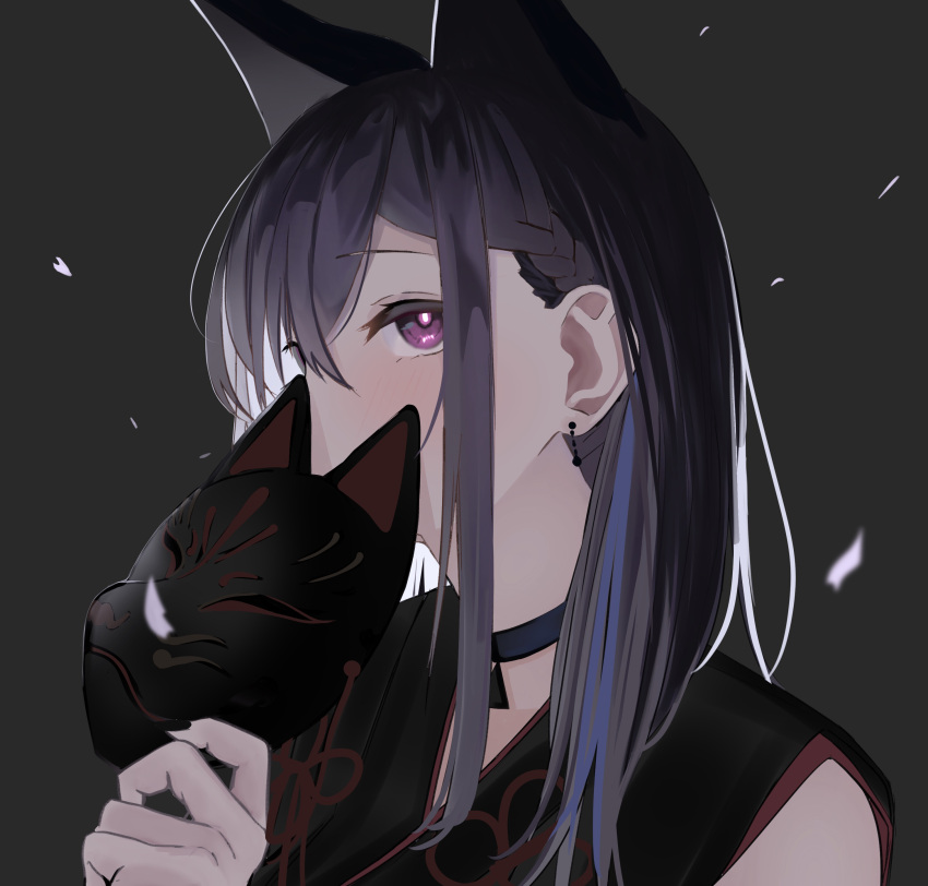 1girl, absurdres, animal_ears, bangs, black_background, black_choker, black_hair, black_kimono