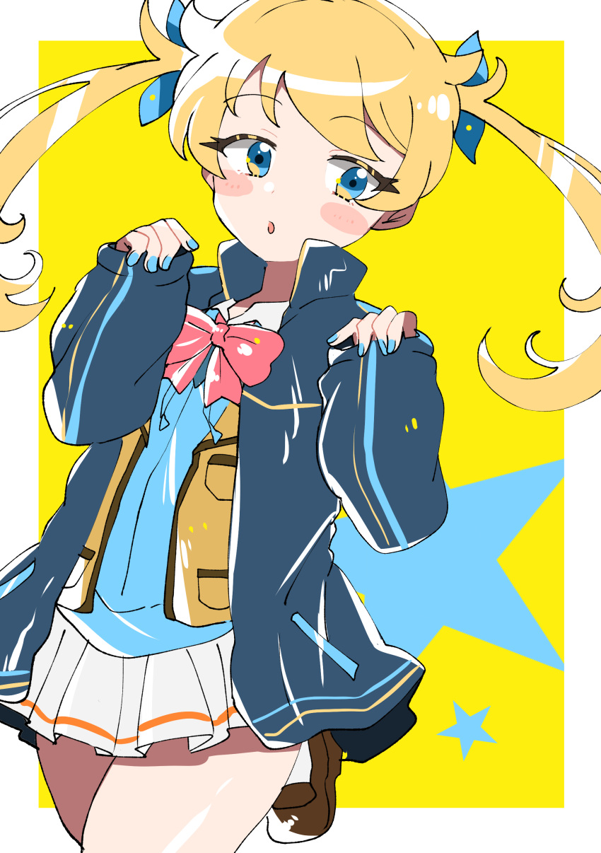 1girl, absurdres, blonde_hair, blue_eyes, blue_jacket, blue_nails, blush_stickers, border