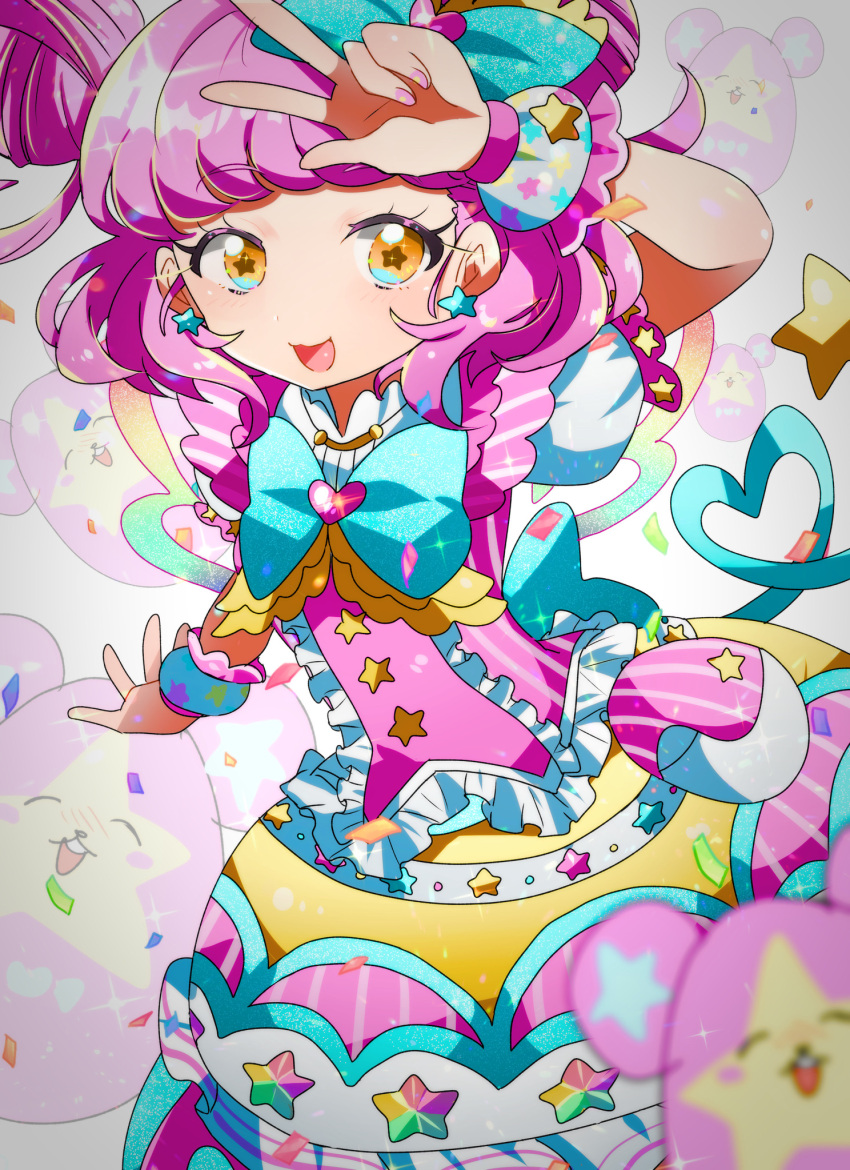1girl, blue_bow, blush, bow, confetti, double_bun, dress, earrings