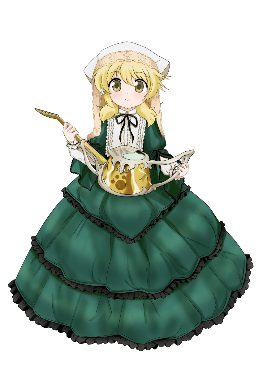 1girl, absurdres, blonde_hair, cosplay, dard_drak, dress, green_dress, hidamari_sketch, highres, long_hair, looking_at_viewer, miyako_(hidamari_sketch), rozen_maiden, simple_background, smile, solo, suiseiseki, suiseiseki_(cosplay), watering_can, white_background