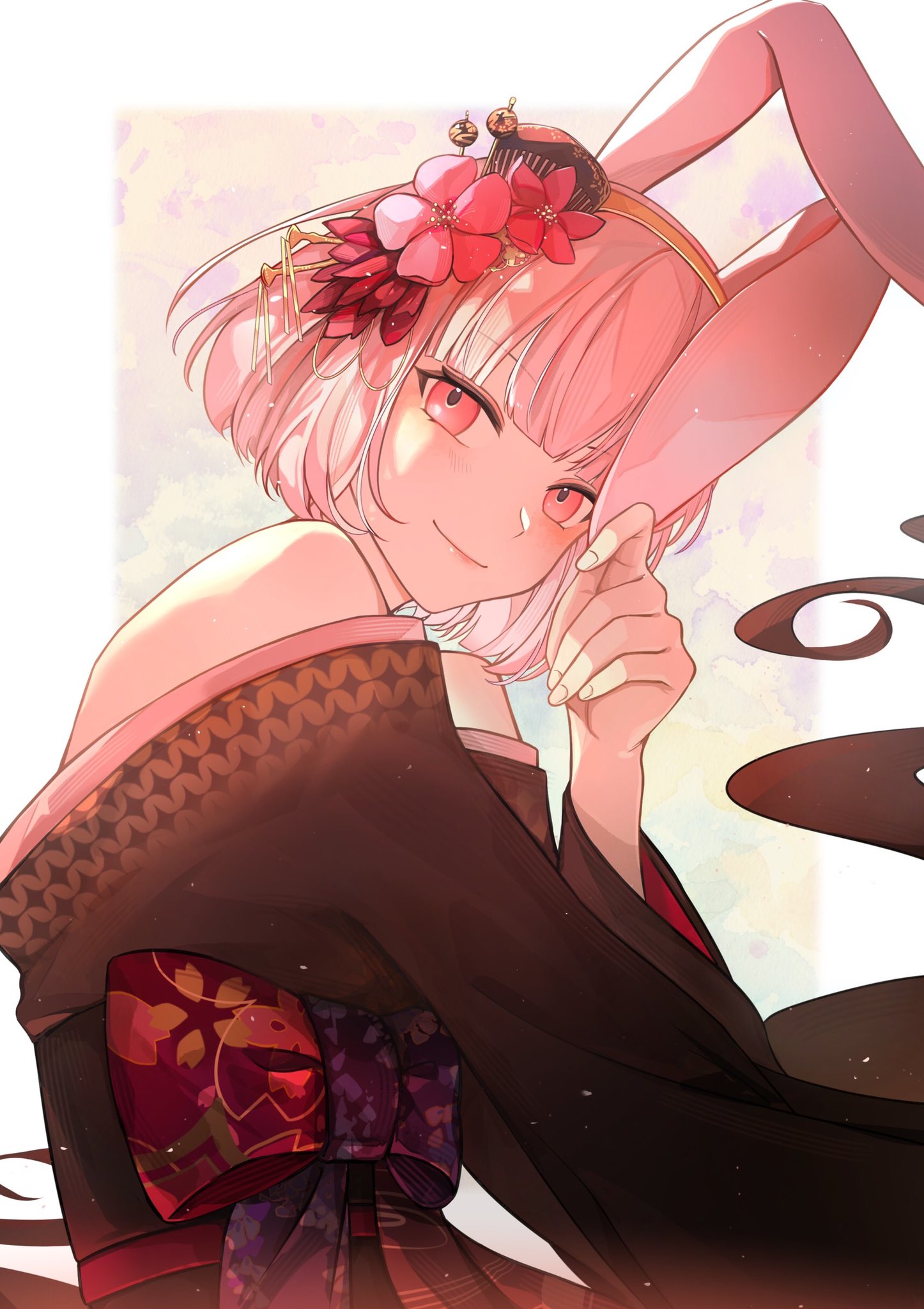 1girl, animal_ears, bare_shoulders, eden_(eden871225), flower, hair_flower, hair_ornament, highres