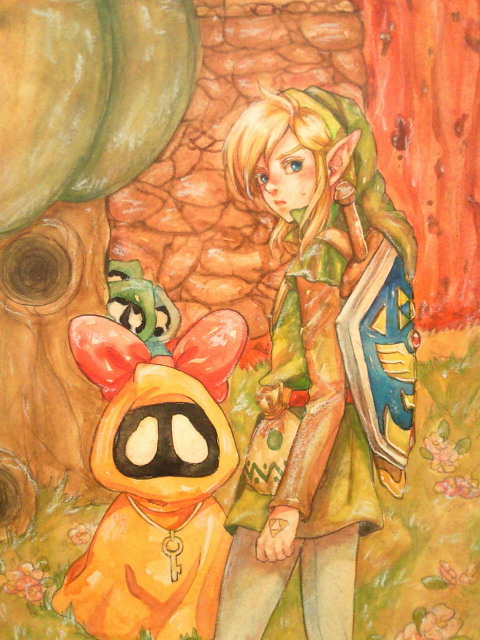 1boy, 1girl, 3others, belt, blonde_hair, blue_eyes, bow, day, grass, green_headwear, green_robe, hat, key, link, long_sleeves, looking_at_viewer, morito_leaf9, multiple_others, orange_robe, outdoors, pink_bow, pointy_ears, robe, rosa_(zelda), shield, standing, subrosian, sword, the_legend_of_zelda, the_legend_of_zelda:_oracle_of_seasons, tree, triforce, weapon