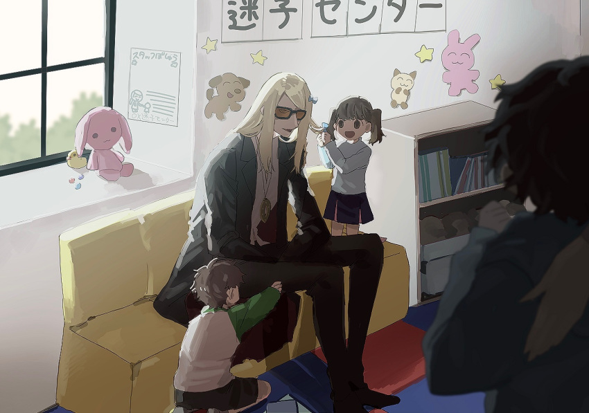 blonde_hair, child, coat, fate/grand_order, fate_(series), glasses, jewelry, long_hair, mat_44_tam, open_clothes, open_coat, school_uniform, sunglasses, tezcatlipoca_(fate), tinted_eyewear