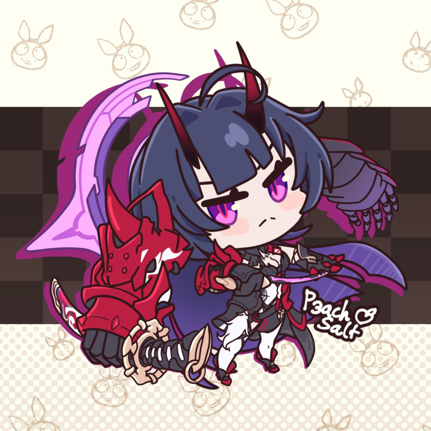 1girl, black_footwear, black_hair, boots, checkered_background, closed_mouth, commentary, english_commentary, halftone, halftone_background, highres, holding, holding_sword, holding_weapon, honkai_(series), honkai_impact_3rd, horns, katana, looking_at_viewer, p3achsalt, pantyhose, raiden_mei, raiden_mei_(herrscher_of_thunder), sheath, sheathed, solo, standing, sword, violet_eyes, weapon, white_pantyhose