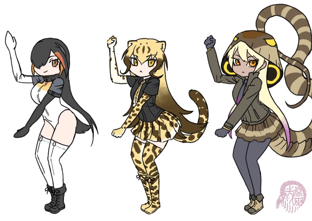 3girls, :<, animal_ears, animal_hood, animal_print, arm_up, artist_logo, bangs