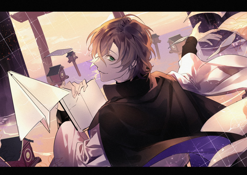absurdres, anno_meiji, bangs, black_cape, book, brown_hair, cape, gradient_sky