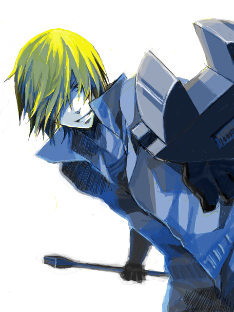 blonde_hair, blue_eyes, graham_specter, graham_spector, hair_over_one_eye, jumpsuit, male, smile