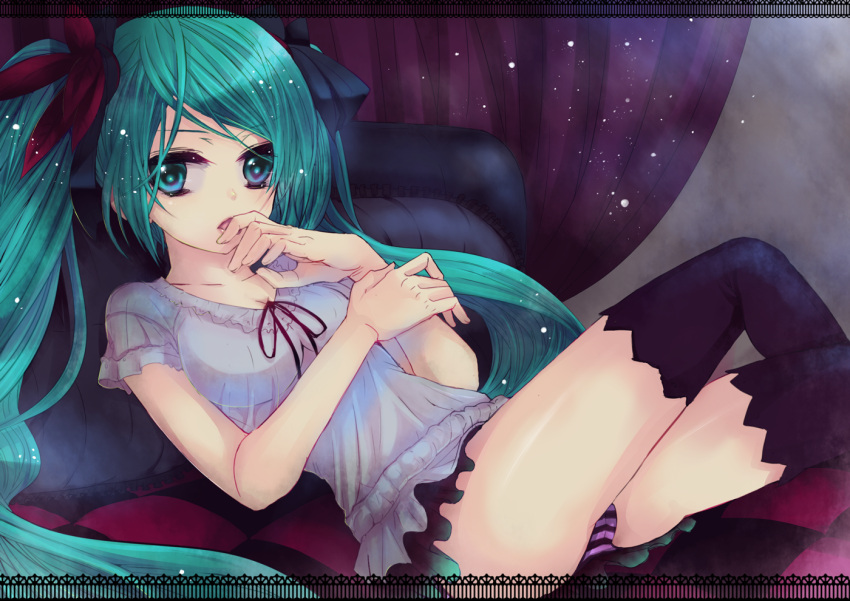 @shimapan, aqua_eyes, aqua_hair, hair_ribbon, hatsune_miku, long_hair, panties, ribbon