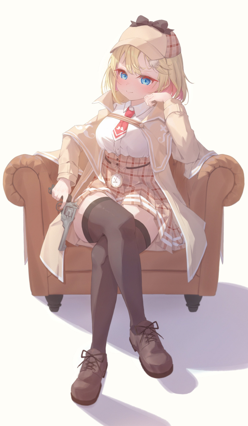 1girl, absurdres, armchair, bangs, blonde_hair, blue_eyes, blush, bob_cut