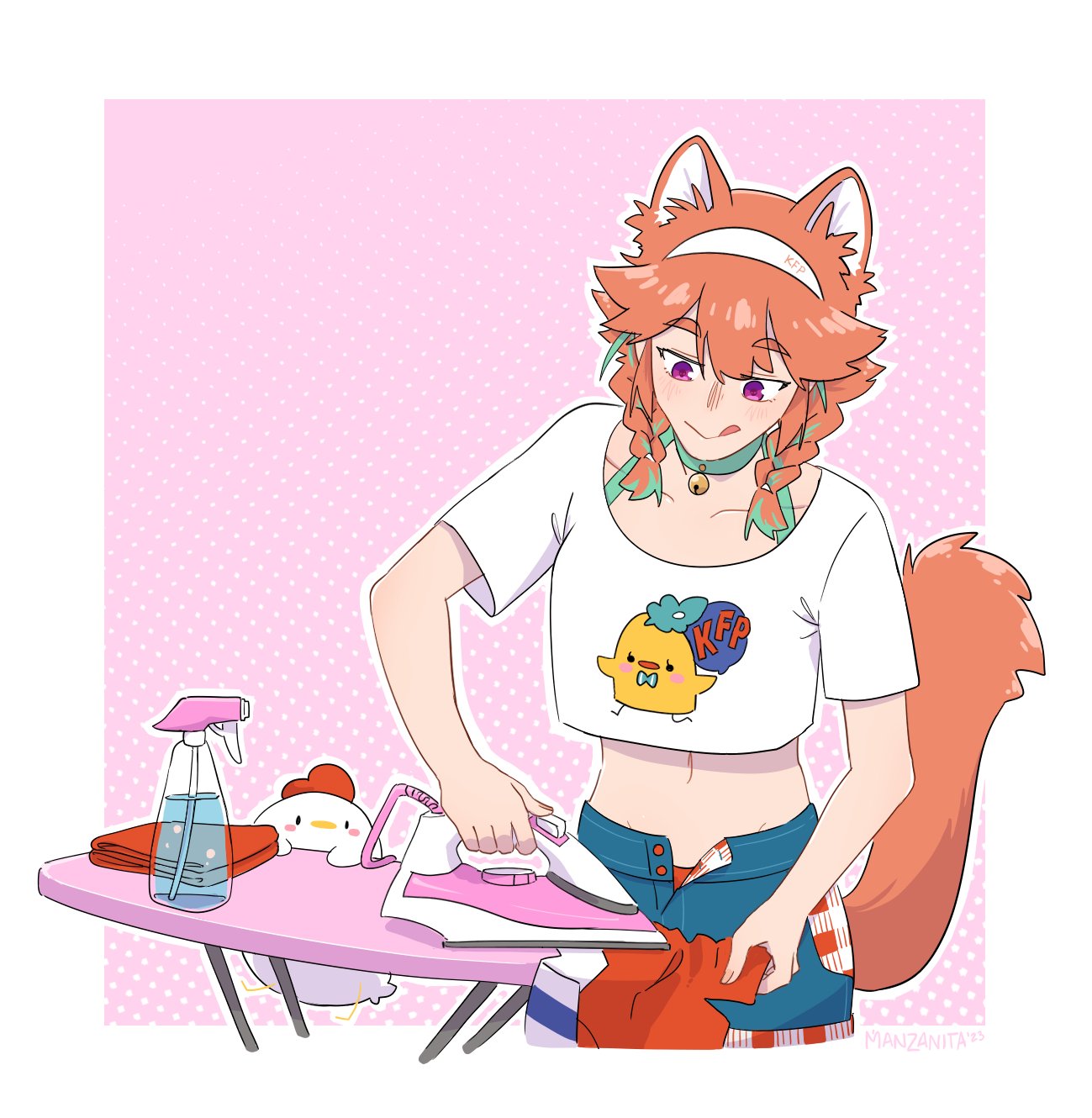 1girl, animal_ears, bangs, bell, bird, cat_ears, clothes_iron, crmanzana