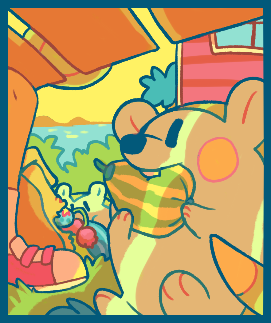 bush, cheri_berry, chilan_berry, chocodiley, day, eating, outdoors, pink_footwear, pokemon, pokemon_(creature), rawst_berry, shoes, sneakers, sunlight, togedemaru, water, yellow_sky