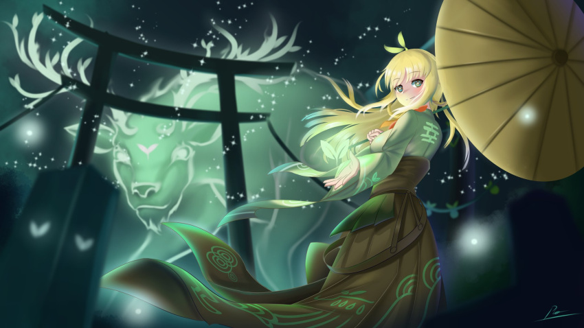1girl, blonde_hair, bug, commentary_request, firefly, green_eyes, highres, hitatsuphat