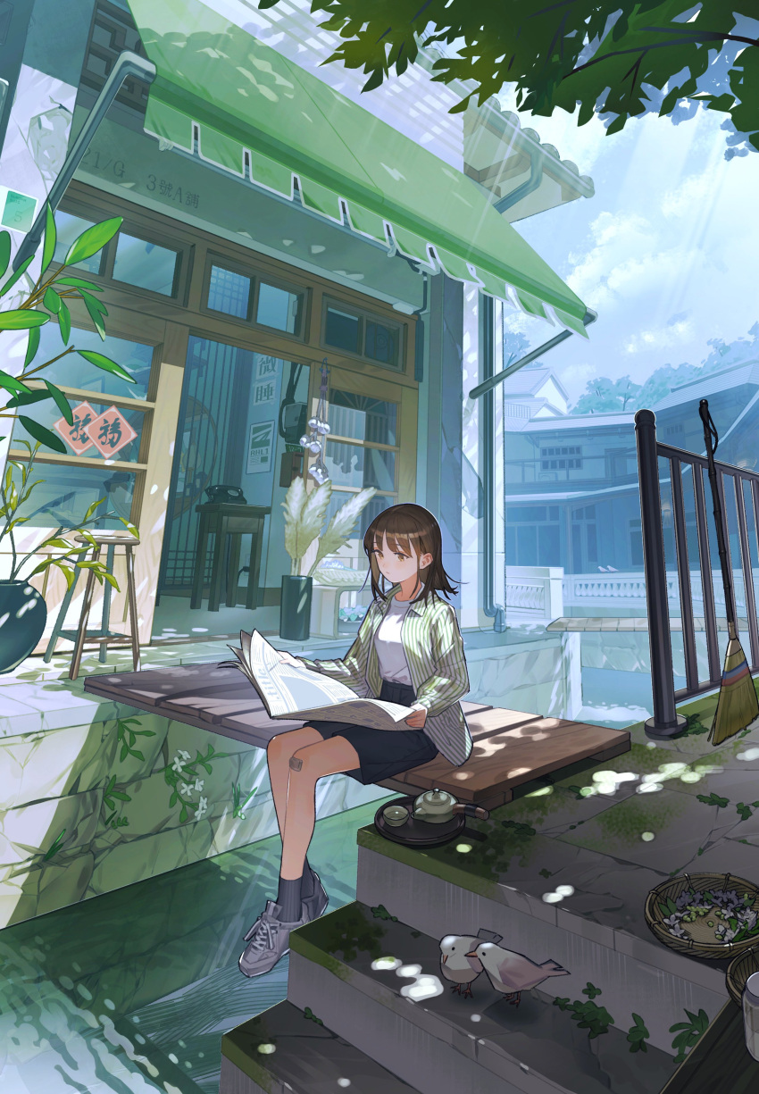 1girl, absurdres, aspara, bandaid, bandaid_on_knee, bandaid_on_leg, bangs, bird