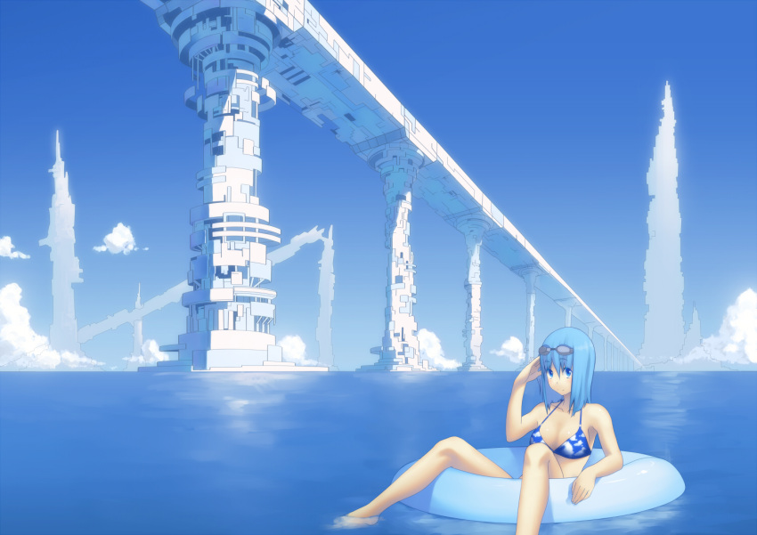 ac_(eshi), bad_id, bare_shoulders, barefoot, bikini, blue, blue_eyes, blue_hair