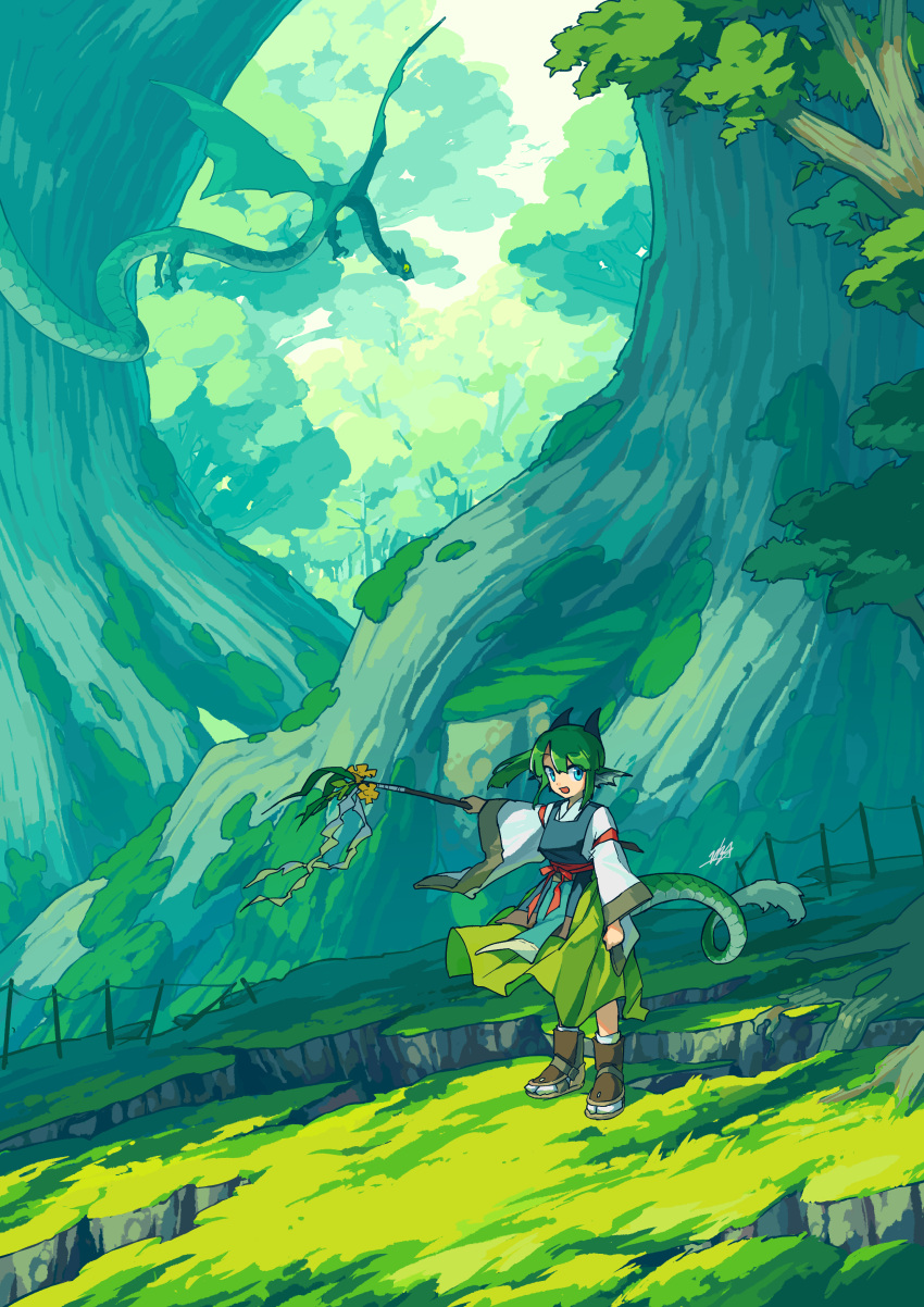 1girl, absurdres, bangs, blue_eyes, boots, brown_footwear, day, doggo_1d34, dragon, dragon_girl, dragon_horns, dragon_tail, eastern_dragon, floating_hair, flower, forest, gohei, grass, green_hair, green_skirt, grey_tabard, hair_between_eyes, head_fins, highres, holding, holding_gohei, horns, japanese_clothes, kimono, long_hair, long_sleeves, looking_at_viewer, nature, nontraditional_miko, open_mouth, original, outdoors, ravine, scenery, sidelocks, signature, skirt, smile, socks, solo, standing, tabard, tabi, tail, toeless_footwear, tree, white_kimono, white_socks, wide_shot, wide_sleeves, yellow_flower