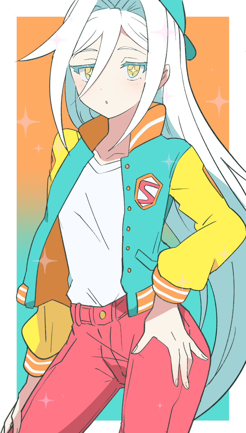 1girl, backwards_hat, baseball_cap, blue_headwear, colored_eyelashes, dot_nose, hair_between_eyes, hand_on_hip