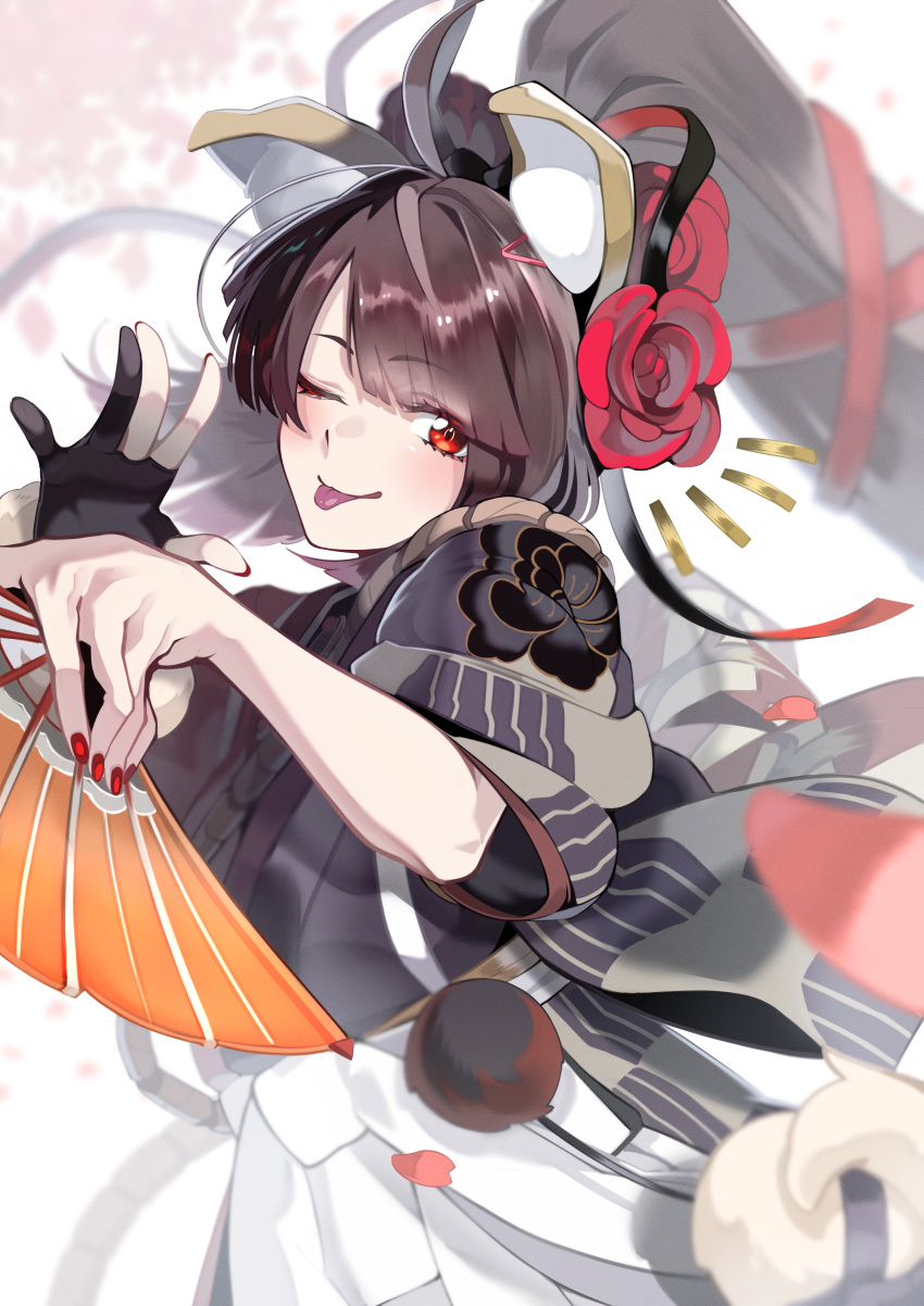 1girl, absurdres, ahoge, animal_ears, brown_hair, dog_ears, fate/grand_order, fate_(series), flower, folding_fan, gloves, hair_flower, hair_ornament, hand_fan, highres, japanese_clothes, kimono, kyokutei_bakin_(fate), long_hair, one_eye_closed, partially_fingerless_gloves, ponytail, red_eyes, red_nails, shot_(shot0598), single_glove, tongue, tongue_out