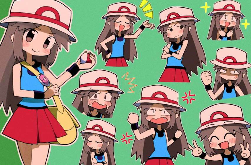 1girl, ^_^, anger_vein, bag, black_wristband, blue_shirt, blush, brown_eyes, brown_hair, bucket_hat, closed_eyes, closed_mouth, commentary_request, double_v, fang, green_background, hair_flaps, hands_up, hat, holding, holding_poke_ball, kuwagata_zaurus, leaf_(pokemon), long_hair, messenger_bag, multiple_views, notice_lines, open_mouth, outline, pleated_skirt, poke_ball, poke_ball_(basic), pokemon, pokemon_(game), pokemon_frlg, red_skirt, shirt, shoulder_bag, skirt, sleeveless, sleeveless_shirt, sparkle, u_u, v, vs_seeker, white_headwear, wristband, yellow_bag