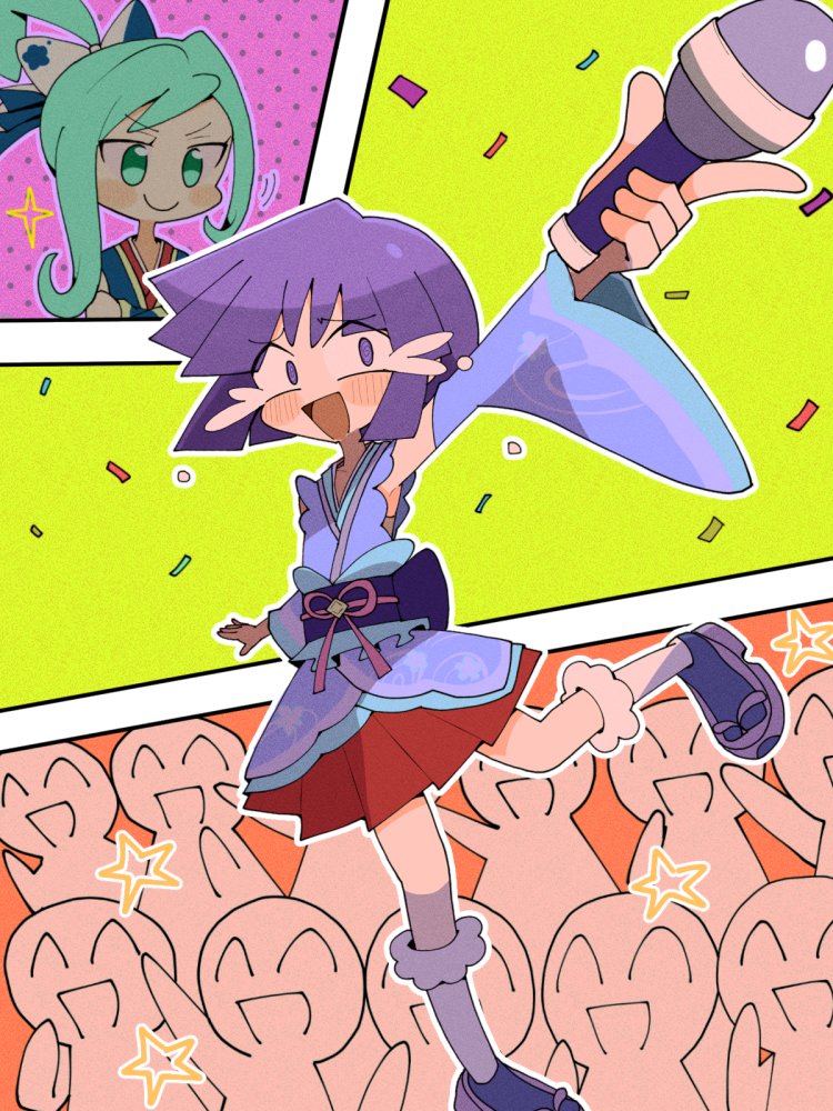 1boy, 1girl, bangs, blush, bow, bugsy_(pokemon), commentary_request, confetti, cosplay, crossdressing, dawn_(new_year's_2023)_(pokemon), dawn_(pokemon)_(cosplay), detached_sleeves, green_eyes, green_hair, hair_bow, hikari_(pokemon), holding, holding_microphone, kneehighs, kuwagata_zaurus, leg_up, lisia_(new_year's_2023)_(pokemon), lisia_(pokemon), microphone, nervous_smile, open_mouth, outline, pleated_skirt, pokemon, pokemon_(game), pokemon_hgss, pokemon_masters_ex, purple_hair, red_skirt, sandals, short_hair, skirt, smile, socks, sparkle, star_(symbol), violet_eyes