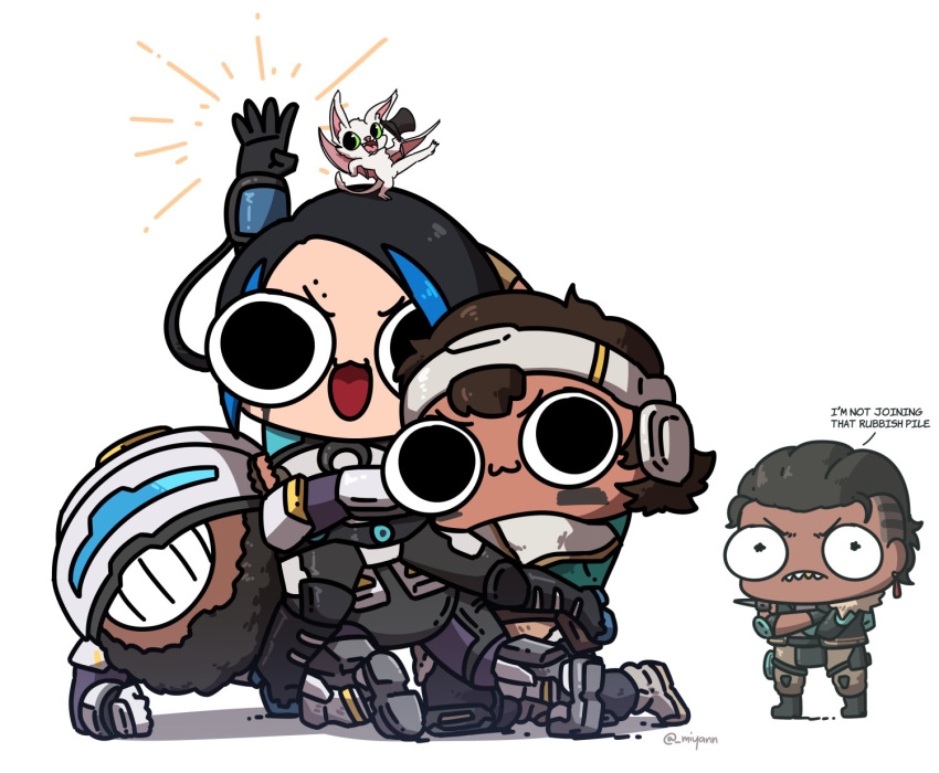 1boy, 3girls, animal_on_head, annoyed, apex_legends, assault_visor, bat_(animal), beard
