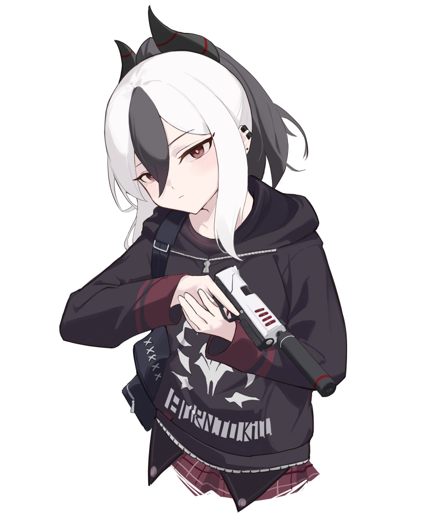 1girl, absurdres, backpack, bag, black_bag, black_hair, black_hoodie, black_horns