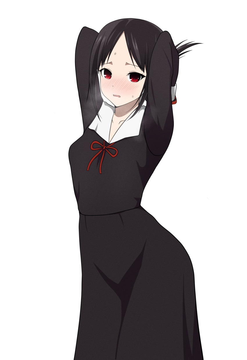 1girl, arms_behind_head, black_hair, blush, breasts, collarbone, coro_fae, forehead