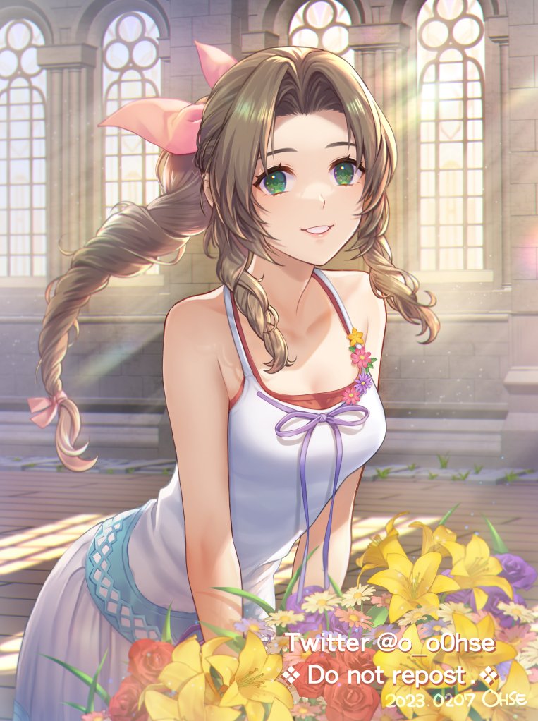 1girl, aerith_gainsborough, architecture, bare_shoulders, braid, braided_ponytail, breasts, brown_hair